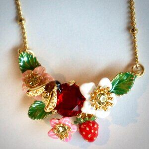 Necklace with flowers, wild strawberries and red stone
